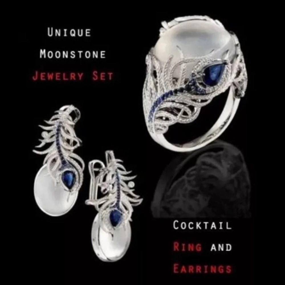 Elegant Huge Moonstone 925 Silver Jewelry Set